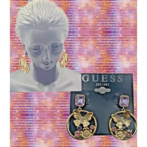 Guess Butterfly Lilac-Pink Accent Stones Gold-Tone Front Facing Hoop Earrings